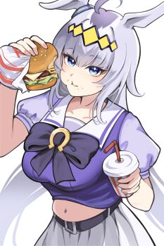1girl absurdres ahoge animal_ears belly big_belly blue_eyes bow breasts burger cheek_bulge crumbs cup disposable_cup drinking_straw ear_ornament eating food food_on_face glutton grey_hair hair_between_eyes hair_ornament hairband highres holding holding_burger holding_cup holding_food horse_ears horse_girl large_breasts long_hair multicolored_hair navel oguri_cap_(umamusume) puffy_short_sleeves puffy_sleeves purple_bow purple_shirt ryz_(ujrn7248) sailor_collar sailor_shirt school_uniform shirt short_sleeves simple_background skirt solo stomach tracen_school_uniform umamusume white_background white_sailor_collar white_skirt
