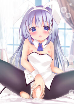 1girl animal_ears black_pantyhose breasts cum cum_overflow cumdrip gochiusa_bunnysuit gochuumon_wa_usagi_desu_ka? hair_ornament kafuu_chino leotard loli open_mouth pantyhose playboy_bunny rabbit_ears rikatan small_breasts white_leotard wrist_cuffs x_hair_ornament