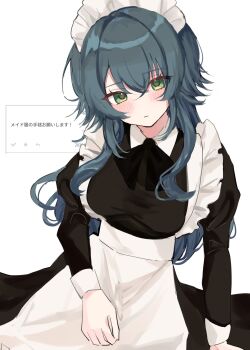 1girl alternate_costume apron arm_support black_bow black_bowtie black_dress blush bow bowtie breasts closed_mouth commentary_request contrast_collar dress enmaided fan_request frilled_apron frills gakuen_idolmaster green_eyes green_hair hair_between_eyes highres idolmaster juliet_sleeves large_breasts long_hair long_sleeves looking_at_viewer maid maid_apron maid_headdress odaibako puffy_sleeves request_inset ruo_015 simple_background sitting solo translation_request tsukimura_temari upper_body waist_apron white_apron white_background white_headdress