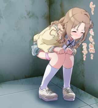 1girl bent_over blush brown_hair closed_eyes ichikawa_hinana idolmaster idolmaster_shiny_colors koyubi_maru panties panty_pull school_uniform solo squatting underwear