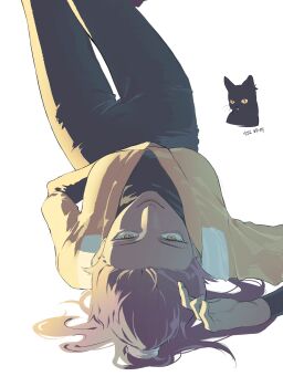 1girl black_cat black_pantyhose black_shirt bleach breasts cat closed_mouth commentary_request dark-skinned_female dark_skin hand_in_own_hair hand_on_own_stomach highres jacket korean_commentary long_hair looking_at_viewer lying medium_breasts on_back pantyhose papyen_pp1 ponytail purple_hair shihouin_yoruichi shihouin_yoruichi_(cat) shirt smile solo white_background yellow_eyes yellow_jacket