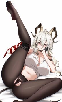 1girl absurdres arm_strap ateoyh bare_shoulders black_choker black_gloves black_horns black_panties black_pantyhose black_tail blush breasts breath bright_pupils button_gap choker closed_mouth clothing_cutout collarbone commentary crotch_cutout curled_horns demon_tail earrings gloves hair_between_eyes highres holding_own_leg horns jewelry key_earrings large_breasts leg_up long_hair looking_at_viewer lying mole mole_on_breast navel necktie necktie_around_wrists no_pants no_shoes on_back paid_reward_available panties pantyhose pussy pussy_peek red_eyes red_necktie shirt simple_background solo spread_legs stomach sweat tail thighs torn_clothes torn_shirt underwear white_background white_pupils white_shirt wuthering_waves zani_(wuthering_waves)