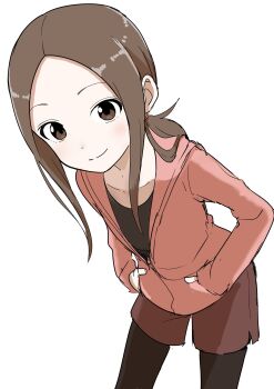 Rule 34 | 1girl, black pantyhose, black shirt, brown eyes, brown hair, brown shorts, closed mouth, commentary request, cowboy shot, flat chest, forehead, highres, hood, hoodie, inaba mifumi, karakai jouzu no (moto) takagi-san, karakai jouzu no takagi-san, leaning forward, light blush, long hair, long sleeves, looking at viewer, pantyhose, shadow, shirt, shorts, sidelocks, simple background, smile, solo, standing, takagi-san, white background