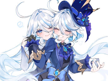 Rule 34 | 2girls, ascot, asymmetrical gloves, blue ascot, blue gem, blue hair, blue hat, blush, commentary request, cowlick, dress, drop-shaped pupils, eyelash ornament, focalors (genshin impact), furina (genshin impact), gem, genshin impact, gloves, gradient clothes, gradient dress, hat, heterochromia, highres, hydro symbol (genshin impact), juliet sleeves, long sleeves, mismatched gloves, mismatched pupils, multicolored hair, multiple girls, ouji fashion, puffy sleeves, shinoo0915, streaked hair, suikyou394, symbol-shaped pupils, teardrop-shaped gem, top hat