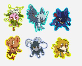 alternate_species animal_collar bandana blue_(wolf's_rain) blue_eyes blue_outline brown_eyes buizel cheza_(wolf's_rain) closed_mouth collar decidueye fang gen_2_pokemon gen_4_pokemon gen_5_pokemon gen_7_pokemon green_outline grey_hair grey_outline hige_(wolf's_rain) highres houndoom kiba_(wolf's_rain) lilligant lucario mauvh nintendo open_mouth orange_eyes outline pink_hair pokemon pokemon_(creature) red_bandana red_eyes shinx toboe_(wolf's_rain) tsume_(wolf's_rain) wolf's_rain yellow_outline