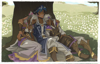 Rule 34 | 1girl, 2boys, arm around shoulder, bisexual male, blue hair, boots, boy and girl sandwich, breasts, chrom (fire emblem), chrom (valentine) (fire emblem), cleavage, dark-skinned female, dark-skinned male, dark skin, dress, drooling, dual persona, female robin (fire emblem), female robin (valentine) (fire emblem), field, fire emblem, fire emblem awakening, fire emblem heroes, flower, flower field, flower necklace, hair flower, hair ornament, head wreath, highres, jewelry, leaning on person, long dress, male robin (fire emblem), male robin (valentine) (fire emblem), multiple boys, necklace, nintendo, official alternate costume, sandwiched, shade, sleeping, smile, t0bey, tree, twintails, white hair