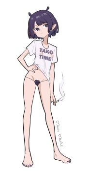 1girl absurdres artist_name bare_legs barefoot black_nails black_panties cigarette closed_mouth colored_pubic_hair commentary covered_erect_nipples expressionless female_pubic_hair full_body highres holding holding_cigarette hololive hololive_english looking_at_viewer maho_malice micro_panties mole mole_under_eye nail_polish ninomae_ina&#039;nis panties pointy_ears pubic_hair purple_eyes purple_hair purple_pubic_hair see-through_clothes see-through_shirt shirt short_sleeves solo standing toenail_polish toenails underwear virtual_youtuber white_shirt