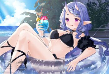 1girl afloat ankle_ribbon armpit_crease artist_name bare_shoulders bikini black_bikini black_hair black_ribbon black_sleeves blue_sky blush braid braided_bangs breasts cloud cocktail commentary_request crazy_straw criss-cross_halter cup day dot_nose drinking_glass drinking_straw fang feet_out_of_frame fingernails flower flower_in_drink frilled_bikini frilled_sleeves frills halterneck hand_up heart_straw hikimayu holding holding_cup horns innertube knees_up kokutan_kiseru leaning_back leg_ribbon light_rays long_fingernails long_hair long_sidelocks low_twintails medium_breasts mole mole_under_breast mole_under_mouth multi-strapped_bikini_bottom multicolored_hair nijisanji ocean on_innertube open_mouth outdoors pink_flower plant pointy_ears purple_eyes purple_hair ribbon rindou_mikoto rindou_mikoto_(6th_costume) short_eyebrows short_sleeves sidelocks sitting skin-covered_horns skin_fang sky smile solo streaked_hair swim_ring swimsuit thick_eyebrows transparent_innertube twintails twitter_username two-tone_hair virtual_youtuber watermark