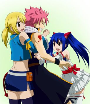 Rule 34 | 1boy, 2girls, bad id, bad pixiv id, black legwear, blonde hair, blue hair, blue skirt, bluesnowcat, brown eyes, detached sleeves, dress, earrings, closed eyes, fairy tail, frilled skirt, frills, girl sandwich, hair ornament, jewelry, lucy heartfilia, multiple girls, natsu dragneel, one eye closed, open mouth, pink hair, sandwiched, short hair, skirt, spiked hair, tattoo, thighhighs, twintails, wendy marvell, white dress, white legwear