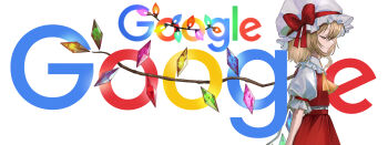 1girl absurdres ascot bow closed_eyes commentary copyright_logo cowboy_shot crystal_wings dedemaru flandre_scarlet from_side google hat hat_bow hat_ribbon highres logo mob_cap profile puffy_short_sleeves puffy_sleeves red_bow red_ribbon red_skirt red_vest reference_inset ribbon short_hair short_sleeves simple_background skirt skirt_set smile solo standing touhou vest white_background white_hat wings yellow_ascot