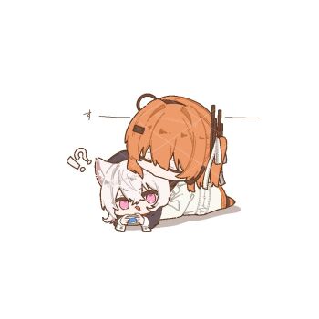 !? a.i._voice adachi_rei animal_ears black_hat cat_ears cat_girl chibi chibi_only closed_eyes commission hair_ribbon hat holding hug jacket kurusuke_(kurumi) long_sleeves one_side_up open_mouth orange_hair pink_eyes ribbon sayo_(voicevox) skeb_commission sleeve_cuffs utau voicevox white_background white_hair white_jacket