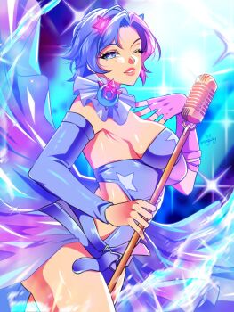1girl blue_background blue_eyes blue_hair breasts character_logo clothing_cutout commentary cowboy_shot detached_sleeves dress english_commentary fingerless_gloves floating_clothes gloves hair_ornament heart heart-shaped_pupils highres hip_vent holding holding_microphone_stand large_breasts looking_at_viewer looking_to_the_side luna_snow marvel marvel_rivals microphone microphone_stand mingway multicolored_hair official_alternate_costume one_eye_closed parted_lips pink_gloves pink_hair pink_lips pink_nails pink_pupils purple_dress short_hair sideboob single_fingerless_glove single_glove single_sleeve solo sparkle split-color_hair star_(symbol) star_hair_ornament strapless strapless_dress symbol-shaped_pupils
