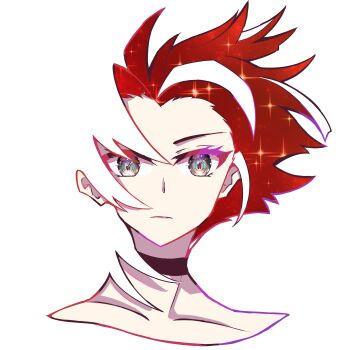 1girl absurdres bakuma closed_mouth eyelashes grey_eyes highres negative_space portrait red_hair ruby_rose rwby short_hair simple_background solo sparkle white_background