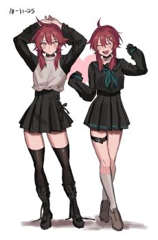 1girl ahoge aqua_neckerchief arms_up black_boots black_sailor_collar black_serafuku black_shirt black_skirt black_thighhighs blush boots character_request closed_eyes closed_mouth copyright_request dated dot_mouth eyelashes fang freng full_body grey_shoes hair_between_eyes hair_ornament kneehighs long_sleeves multiple_views neckerchief open_mouth red_eyes red_hair sailor_collar school_uniform serafuku shirt shoes sidelocks simple_background skin_fang skirt sleeves_past_wrists smile socks thigh_strap thighhighs white_background white_shirt white_socks