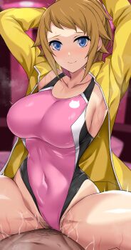 1boy 1girl arms_behind_head blue_eyes blurry blurry_background breasts brown_hair clothing_aside covered_navel cowboy_shot gluteal_fold groin gundam gundam_build_fighters highleg highleg_one-piece_swimsuit highres hoshino_fumina jacket large_breasts long_hair looking_at_viewer multicolored_swimsuit nirowata one-piece_swimsuit pink_one-piece_swimsuit ponytail sex solo straddling swimsuit swimsuit_aside vaginal yellow_jacket