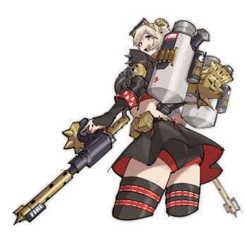1girl absurdres ass black_jacket black_skirt black_thighhighs blonde_hair breasts burnice_white crop_top cropped_jacket cropped_legs eyewear_on_head flamethrower highres holding holding_flamethrower holding_weapon jacket kinoiyy large_breasts open_mouth propane_tank red-tinted_eyewear red_eyes shorts shorts_under_skirt skirt smile solo spiked_belt spiked_jacket sunglasses thighhighs tinted_eyewear twintails weapon zenless_zone_zero