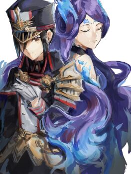 2girls 4me3ba_niku black_hair black_hat blue_hair brighid_(xenoblade) brown_eyes closed_mouth gloves hat highres long_hair morag_ladair_(xenoblade) multicolored_hair multiple_girls purple_hair simple_background smile standing two-tone_hair visor_(armor) white_background white_gloves xenoblade_chronicles_(series) xenoblade_chronicles_2