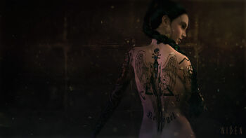 1girl 3d angel_cartel_(eve_online) arm_tattoo attack_ship_(eve_online) back back_tattoo battleship_(eve_online) black_hair braid brown_background brown_theme character_name commentary dark_background daz_studio_(medium) english_commentary eve_online face_piercing from_behind highres lip_piercing lip_ring lips long_hair looking_to_the_side machariel_(eve_online) niden_(nidensommer) nidensommer nose nude original photoshop_(medium) piercing pirate_faction_(eve_online) realistic single_braid solo subdermal_port tattoo text_tattoo upper_body wing_tattoo