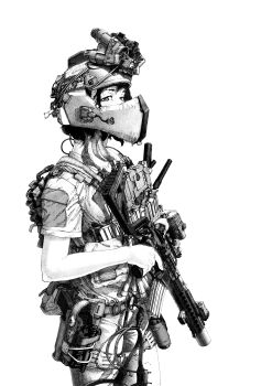 Rule 34 | 1girl, absurdres, assault rifle, belt, combat helmet, commentary, darius billie (moonkez), english commentary, flare, greyscale, gun, handgun, helmet, highres, holding, holding gun, holding weapon, holster, holstered, load bearing vest, looking at viewer, mask, medium hair, military combat uniform, military uniform, monochrome, mouth mask, night vision device, original, pants, pouch, rifle, shirt, short sleeves, simple background, solo, trigger discipline, upper body, utility belt, weapon, weapon request