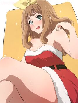 Rule 34 | 1girl, aqua eyes, armpits, bare shoulders, blush, breasts, collarbone, commentary, crossed legs, dress, fur-trimmed dress, fur trim, hair ribbon, hand up, hibike! euphonium, highres, long hair, looking at viewer, medium breasts, open mouth, red dress, ribbon, santa costume, santa dress, short dress, sitting, solo, strapless, strapless dress, thick thighs, thighs, two-tone background, usagihop, white background, yellow background, yellow ribbon, yoshikawa yuuko