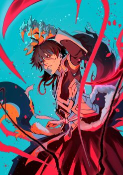 Rule 34 | 1boy, absurdres, armor, black hair, black hakama, bleach, bleach: brave souls, blue background, claws, commentary request, cowboy shot, eyebrows hidden by hair, fighting stance, floating hair, hair between eyes, hakama, highres, isana!, japanese clothes, kurosaki ichigo, long hair, long sleeves, looking at viewer, male focus, nose, parted lips, ponytail, red eyes, sash, simple background, solo, v-shaped eyebrows, white sash