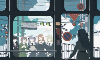 5girls absurdres bang_dream! bang_dream!_it&#039;s_mygo!!!!! black_hair black_jacket black_ribbon blazer blue_eyes blue_hair blue_shirt blue_skirt brh brown_eyes brown_hair closed_eyes closed_mouth cloud collared_shirt crychic_(bang_dream!) cumulonimbus_cloud diagonal-striped_clothes diagonal-striped_necktie falling_petals glass-breaking_hammer glitch green_hair green_jacket green_skirt grey_hair grey_neckerchief grey_skirt hair_ribbon haneoka_school_uniform highres jacket long_hair long_sleeves mole mole_under_eye multiple_girls nagasaki_soyo neck_ribbon neckerchief necktie open_mouth petals pleated_skirt power_lines purple_eyes purple_necktie railroad_crossing red_ribbon ribbon road_sign school_uniform shiina_taki shirt shirt_tucked_in short_hair sidelocks sign skirt stop_sign striped_clothes takamatsu_tomori togawa_sakiko train_interior tsukinomori_school_uniform two_side_up utility_pole wakaba_mutsumi white_shirt yellow_eyes