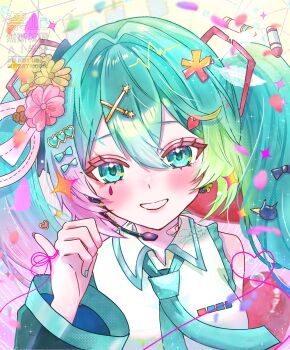 Rule 34 | 1girl, ai kotoba v (vocaloid), aqua eyes, aqua hair, aqua nails, aqua necktie, aqua trim, blush, collared shirt, commentary, detached sleeves, gradient hair, green hair, hair between eyes, hair ornament, hatsune miku, highres, long hair, long sleeves, looking at viewer, multicolored hair, necktie, open mouth, pink hair, pink nails, sakanoi noa, shirt, sleeveless, sleeveless shirt, smile, string, string of fate, twintails, very long hair, vocaloid, watermark, white shirt, wide sleeves