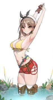 1girl absurdres armpits arms_up atelier_(series) atelier_ryza atelier_ryza_1 bikini bikini_top_only breasts brown_eyes brown_hair hat highres kiritzugu medium_breasts navel potion red_shorts reisalin_stout ripples short_sleeves shorts simple_background solo swimsuit thick_thighs thighhighs thighs wading white_background