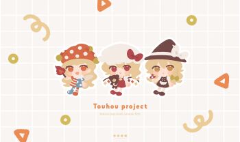 Rule 34 | 3girls, american flag dress, blonde hair, bow, braid, chibi, clown, clownpiece, crystal wings, flandre scarlet, full body, hair bow, hat, hat bow, heart, kirisame marisa, long hair, multiple girls, mushroom, nig 18, open mouth, red eyes, reitaisai, short hair, smile, stuffed animal, stuffed toy, teddy bear, torch, touhou, wings, witch, witch hat, yellow eyes