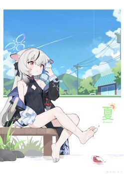 1girl absurdres animal_ears bare_shoulders barefoot black_coat black_dress black_hair blue_archive blue_halo bottle breasts brown_eyes closed_mouth clothing_cutout coat commentary covered_navel day diamond_cutout dress english_commentary feet grey_hair halo highres kokona_(blue_archive) long_hair long_sleeves multicolored_hair outdoors pinstripe_dress pinstripe_pattern plastic_bottle sitting sleeveless sleeveless_dress small_breasts soaking_feet soles solo streaked_hair striped_clothes striped_dress tiger_ears tiger_girl toes two-tone_hair vertical-striped_clothes vertical-striped_dress water_bottle yangge