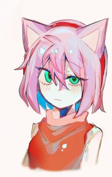 1girl amy_rose animal_ears bad_id bad_lofter_id blush cropped_shoulders dress green_eyes hair_between_eyes hairband hedgehog_girl humanization looking_at_viewer pink_hair red_dress red_hairband s695510318 short_hair simple_background solo sonic_(series) uneven_eyes white_background