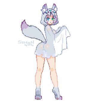 1girl animal_ear_fluff animal_ears animal_feet artist_name ass bare_legs blue_eyes breasts chocha_(sim0n404) commentary digitigrade ears_through_hood english_commentary expressionless facial_mark fox_ears fox_girl fox_tail full_body ghost_costume green_eyes grey_hair heterochromia highres hood hood_up kneepits looking_at_viewer no_pants original pixel_art see-through_silhouette sim0n404 simple_background solo standing tail white_background