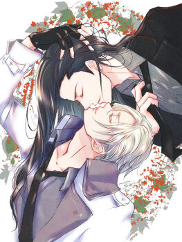 2boys adam's_apple artist_name bindi black_gloves black_hair black_necktie black_suit blonde_hair blue_eyes closed_eyes closed_mouth collar collarbone earrings eyebrows eyelashes face-to-face final_fantasy final_fantasy_vii final_fantasy_vii_remake fingerless_gloves flower formal_clothes gloves grey_shirt hand_on_another's_head highres jewelry leaf long_hair male_focus multiple_boys necktie parted_lips plant ponco_pacoooon profile red_flower rufus_shinra shirt short_hair silhouette simple_background smile square_enix suit tseng turks_(ff7) white_background white_suit wing_collar yaoi