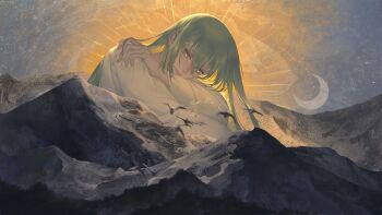 1other absurdres androgynous bird commentary_request enkidu_(fate) fate/grand_order fate_(series) giant giant_male green_hair hair_between_eyes highres long_hair mountain orange_sky other_focus outdoors sky smile solo yellow_eyes yitianfengyue