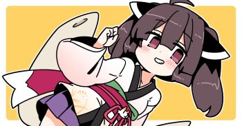 Rule 34 | 1girl, ahoge, blush, border, brown eyes, brown hair, cowboy shot, dot nose, double-parted bangs, grin, hair between eyes, hand up, headgear, ini (inunabe00), japanese clothes, kimono, kiritanpo (food), long hair, long sleeves, looking at viewer, miniskirt, obi, outline, outside border, pleated skirt, purple skirt, red sash, sash, simple background, skirt, smile, solo, touhoku kiritan, twintails, voiceroid, white border, white kimono, white outline, wide sleeves, yellow background