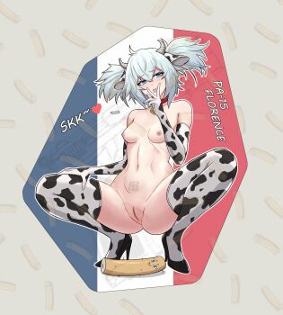 1girl :p bell blue_eyes blue_hair blush breasts character_name commentary_request elbow_gloves french_flag full_body girls&#039;_frontline gloves hair_between_eyes hand_on_own_thigh hand_up heart heart-shaped_pupils high_heels highres horns legs medium_hair naughty_face navel neck_bell nipples nude pa-15_(girls&#039;_frontline) pussy ran052 small_breasts solo spread_legs squatting stomach symbol-shaped_pupils thighs tongue tongue_out translation_request twintails uncensored v v_over_mouth