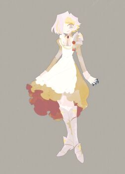 1girl armor armored_boots blonde_hair boots dress grey_dress grey_eyes hair_intakes highres holding holding_nail juliet_sleeves kromer_(project_moon) limbus_company long_sleeves looking_at_viewer maid multicolored_hair nail_(hardware) open_mouth pauldrons project_moon puffy_sleeves shoulder_armor smile solo streaked_hair talisman wax_seal white_hair yellow_dress yesheng_zong_ren