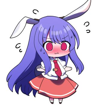 1girl @_@ animal_ears black_shoes blinking blush chibi closed_mouth collared_shirt commentary_request dress_shirt flying_sweatdrops full_body highres large_tail long_hair long_skirt necktie no_nose nose_blush open_mouth pink_eyes puffy_short_sleeves puffy_sleeves purple_hair rabbit_ears rabbit_girl rabbit_tail reisen_udongein_inaba shirt shoes short_sleeves skirt socks solo standing tail touhou urban_legend_in_limbo very_long_hair white_shirt white_socks you_(noanoamoemoe)