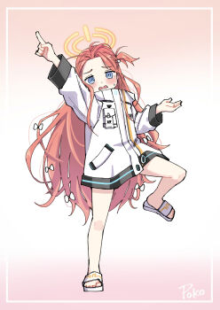 1girl absurdres artist_name blue_archive blue_eyes blush border bow commentary forehead full_body gradient_background hair_bow halo highres jacket long_hair long_sleeves looking_at_viewer multiple_hair_bows open_mouth orange_halo pointing pointing_up poko_(user_rjdg5478) red_hair sandals solo standing standing_on_one_leg sweatdrop very_long_hair white_border white_bow white_jacket white_sandals yellow_halo yuzu_(blue_archive)