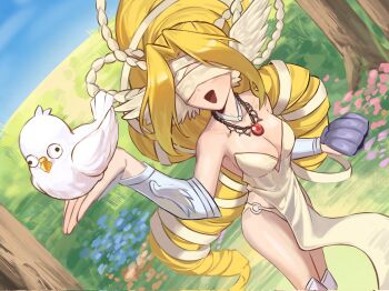 10_09hwan 1girl bare_shoulders bird blindfold breasts cleavage collarbone corrupted_twitter_file cowboy_shot digimon digimon_(creature) dove dress feathered_wings grass head_wings highres holding holding_shell jewelry long_hair medium_breasts olive_(digimon) on_grass open_mouth panties pendant shell smile standing strapless strapless_dress tree underwear venusmon very_long_hair white_dress white_panties white_wings wings