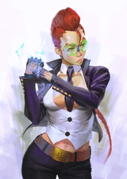 1girl absurdres belt between_breasts black_necktie breasts commentary contrapposto cowboy_shot crimson_viper english_commentary gloves green-tinted_eyewear highres long_sleeves medium_breasts navel necktie necktie_between_breasts no_bra pompadour red_hair roly_poly_(aulischeung) simple_background solo street_fighter tinted_eyewear white_background