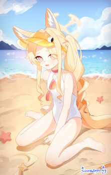 1girl absurdres animal_ear_fluff animal_ears bare_shoulders beach blonde_hair blue_archive breasts collarbone commentary_request covered_navel eyes_visible_through_hair fox_ears fox_girl full_body hair_over_one_eye halo highres jacket long_hair looking_at_viewer official_alternate_costume official_alternate_hairstyle one-piece_swimsuit outdoors seia_(blue_archive) seia_(swimsuit)_(blue_archive) sitting sleeves_past_fingers sleeves_past_wrists small_breasts solo sound_nyong_25 swimsuit very_long_hair visor_cap wariza white_one-piece_swimsuit yellow_halo yellow_jacket