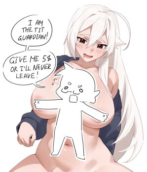 1girl ahoge areola_slip blue_jacket blush bottomless breasts breasts_out brown_eyes brown_hair censored character_censor commentary drooling english_commentary english_text glasses highres huge_breasts iwbitu jacket long_hair navel no_panties novelty_censor nyopu open_clothes open_jacket original speech_bubble white_background white_hair