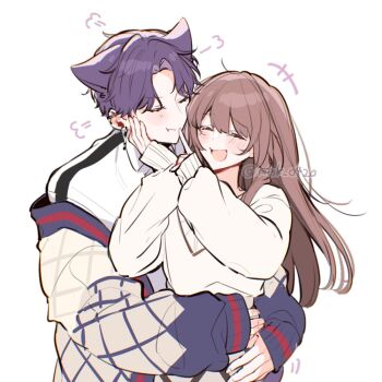 1boy 1girl animal_ears arms_around_waist blush brown_hair cardigan cat_ears closed_eyes couple earrings hands_on_another's_face hetero jewelry love_and_deepspace mtsk_0420 open_mouth pout protagonist_(love_and_deepspace) purple_hair rafayel_(love_and_deepspace) simple_background smile sweater watermark white_background white_sweater