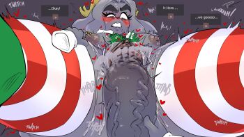 1boy 1girl angry animal_ears ass blush breasts butler_(pseudoregalia) christmas colored_skin dialogue_box english_text fakeryway grey_background grey_fur grey_skin heart horns huge_ass huge_penis leg_grab lying medium_breasts nervous nipples one_eye_closed oral partially_undressed penis penis_grab pseudoregalia simple_background size_difference sybil_(pseudoregalia) thighhighs vaginal veins veiny_penis