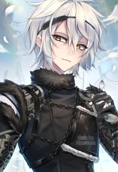 Rule 34 | 1boy, artist name, black gloves, black jacket, black sleeves, brown eyes, chain, closed mouth, detached sleeves, falling petals, fleesveon, fur-trimmed jacket, fur trim, gloves, grey hair, hair between eyes, highres, jacket, light smile, male focus, nier (brother), nier (series), petals, short hair, solo, white petals