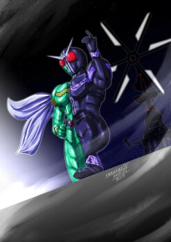 1boy absurdres armor double_driver highres kamen_rider kamen_rider_double kamen_rider_double_(cyclonejoker) kamen_rider_w night purple_armor red_armor red_eyes scarf scottmohechi solo standing tokusatsu white_scarf windmill