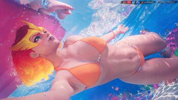 2girls air_bubble alternate_costume bad_link bare_legs barefoot bead_bracelet beads bikini blender_(medium) bracelet breasts bubble coral coral_reef discord_username feet fish forceball_fx green_eyes hair_ornament highres instagram_username jewelry lifebuoy luna_snow luna_snow_(cool_summer) marvel marvel_rivals medium_breasts multiple_girls navel ocean orange_bikini patreon_username phoenix_(x-men) photoshop_(medium) swim_ring swimming swimsuit twitter_username underwater wide_hips x-men youtube_username