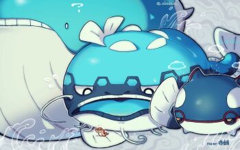 akadako animal_focus closed_mouth dondozo fish gen_3_pokemon highres kyogre legendary_pokemon nintendo no_humans open_mouth pokemon pokemon_(creature) pokemon_focus tatsugiri tatsugiri_(curly) teeth wailord whale whiskers