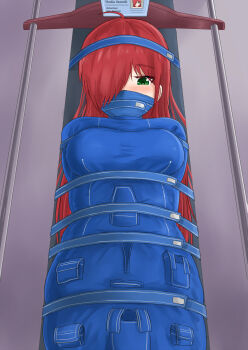 Rule 34 | 1girl, ahoge, arms behind back, bdsm, blue bodysuit, blush, bodysuit, bondage, bound, breasts, cloth gag, commentary, cowboy shot, embarrassed, english text, from below, gag, gagged, green eyes, grey background, hair over one eye, highres, id card, immobilization, improvised gag, jitan777, large variant set, long hair, looking down, medium breasts, nasa, original, over the nose gag, red hair, restrained, simple background, sleepsack, solo, stationary restraints, variant set